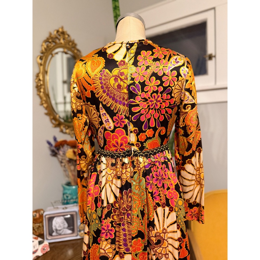 Vintage 1970s Maxi Tunic Dress High Slit Satin Boho Floral Print Long Sleeve - M - Picture 6 of 10